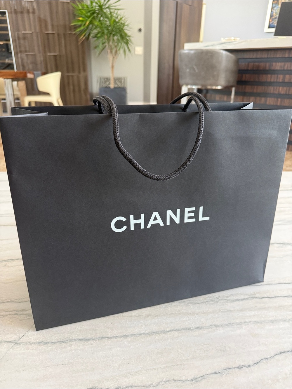 CHANEL Black Shopping Bag with White Logo